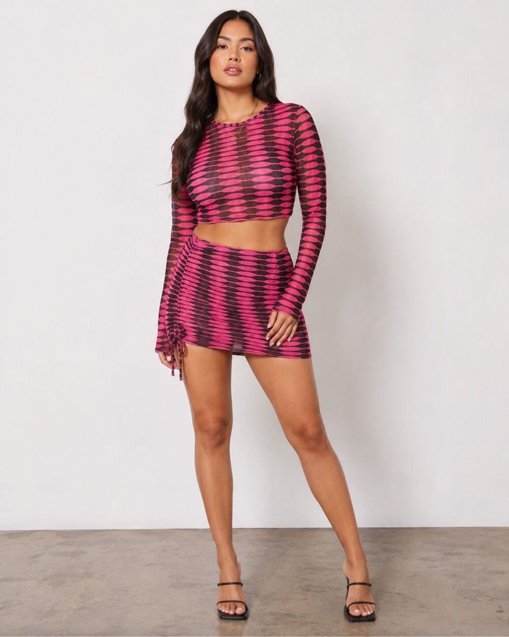 Edikted Pink Black Zebra Mesh 2 Piece Set Crop Top Ruched Mini Skirt Size M Y2K